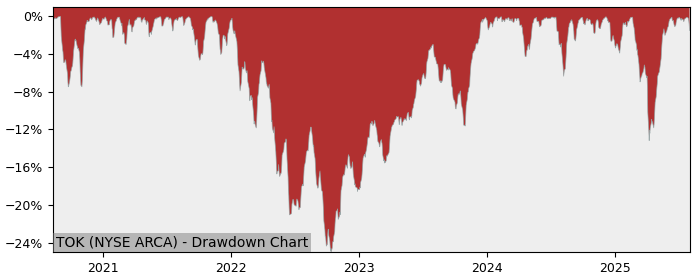 5 Year Drawdown / Underwater Chart for TOK Performance & Benchmarks - 16.3% in 12m